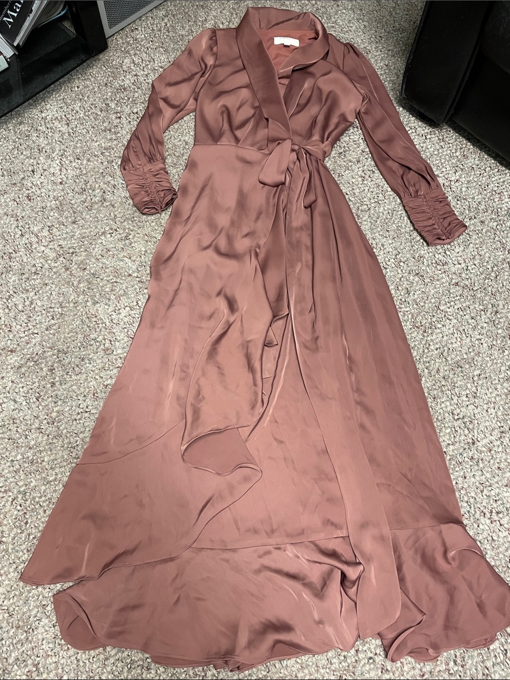 Veiled Satin Wrap ruffle accent long sleeve Maxi Dress in Dusty Rose- new